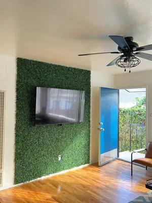 a living room with a green wall with a flat screen tv at The Dugout in San Diego