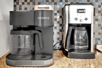 a kicture coffee maker sitting on a counter at Fantastic bayside vacation home - WiFi, central AC, patio, private washer & dryer in San Diego