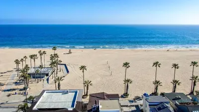 an aerial view of a beach with palm trees and the ocean at New Renovated Beach Home with Ocean Views in Newport Beach