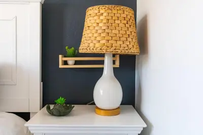 a white lamp on a table with a lamp on it at Cali Condo+BBQ+MemoryFoamBeds+12min to Beach in San Juan Capistrano
