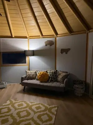 a living room with a couch and a rug at Glamping-Sky Dome Yurt-Tiny House-2 modern composting toilet in Valley Center