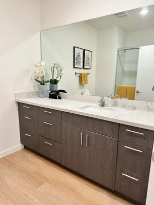 a bathroom with a sink and a large mirror at Nimitz Crossing Luxury Residences in San Diego