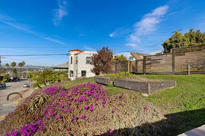 a field of purple flowers in front of a house at Sea Side Beauty in San Diego