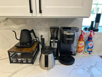 a kitchen counter with a coffee maker and a blender at Luxury Resort•POOL/SPA/Golf/Grill/Games/Sleep 40+ in Lakeside