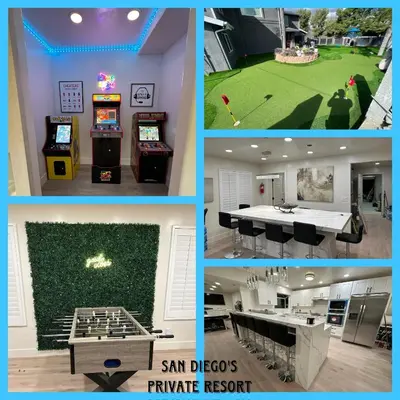 a collage of four pictures of a room with a video game at Luxury Resort•POOL/SPA/Golf/Grill/Games/Sleep 40+ in Lakeside