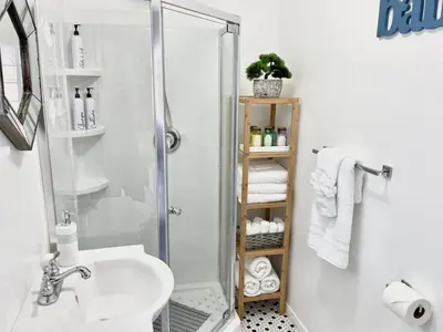 a white bathroom with a shower and a sink at Hidden King Suite with Garden Parking - 4 Guest in La Mesa
