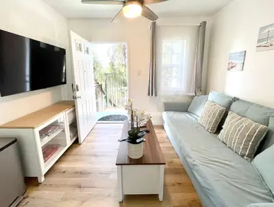 a living room with a blue couch and a tv at Hidden Gem with Hot Tub and Parking - 4 Guests in San Diego