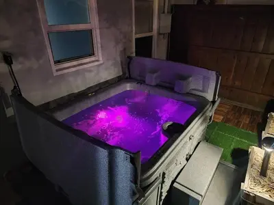 a bath tub filled with purple water next to a window at Beach House In The Heart Of PB in San Diego