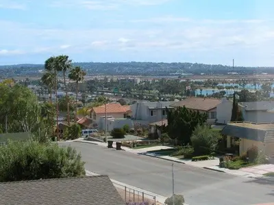 an aerial view of a town with houses and a street at Stunning View Mission Bay Luxury Home Private Pool in San Diego