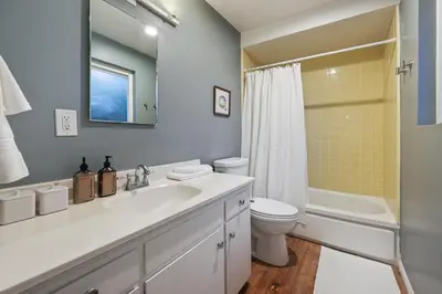 a bathroom with a sink and a toilet and a shower at Agua Dulce - Mid Century Oasis - Pool &Hot Tub in Spring Valley