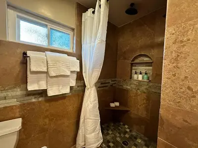 a bathroom with a shower with a shower curtain at HC Accessible 4 Bed 3 Bath with Sparkling Pool and Spa-we have lifts and roll in shower in Santee