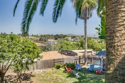 a yard with colorful chairs and palm trees at San Diego Apartment with Patio - Near Balboa Park! in San Diego
