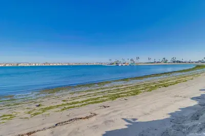 a beach with sand and water and buildings in the background at Breezy Bayside Cottage in San Diego