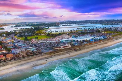 an aerial view of a beach and the ocean at Ocean Front, Steps Mission Beach, Bay, Remodeled, Mission Beach Jamaica FLAT in San Diego