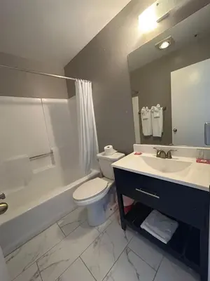a bathroom with a sink and a toilet and a mirror at Back Country Inn in Boulevard