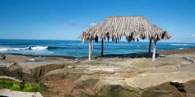 a straw hut on the rocks near the ocean at La Jolla Windansea Luxury Cottage in San Diego