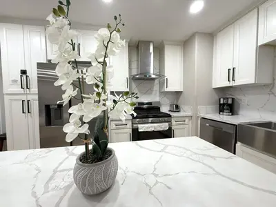 a kitchen with a vase with white flowers on a counter at Exotic Homes Gillespie Dr by SD stay in Spring Valley