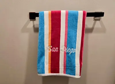 a towel is hanging on a towel rack at 8356 Adam back unit 2bed 2bath by sdstay in Lemon Grove