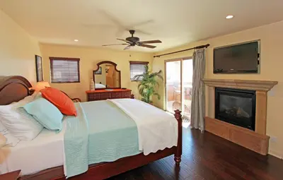 a bedroom with a bed with a fireplace and a television at Lower West Newport in Newport Beach
