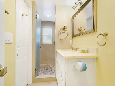 a bathroom with a shower and a sink and a mirror at 1101 W Bay Ave in Newport Beach