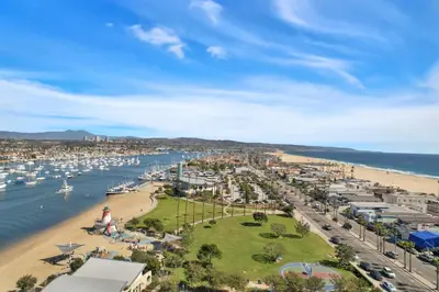 an aerial view of a beach and a harbor at 1807 W Bay Unit B in Newport Beach
