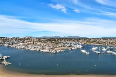 an aerial view of a harbor with boats in the water at 1807 W Bay Unit B in Newport Beach