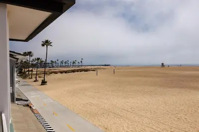 a view of the beach with palm trees and a building at 204 E Oceanfront B in Newport Beach