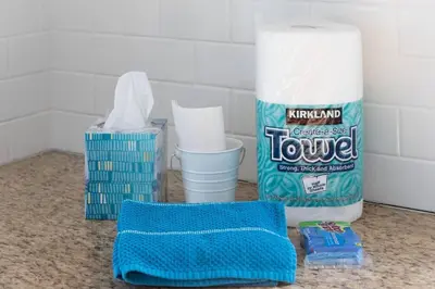 a counter with a bag of toilet paper and a container of towels at Christopher - Oceanview in Newport Beach