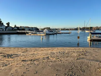 a marina with boats in the water and a beach at 327 Alvarado Pl in Newport Beach