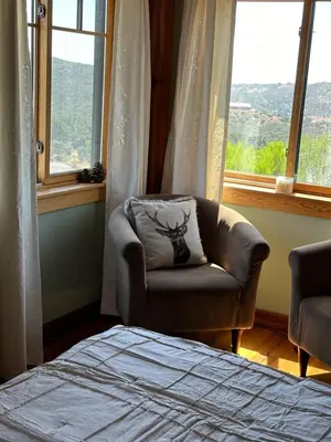 a bedroom with a chair and a bed and windows at Sunset-Ridge in Alpine