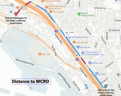 a map of the distance to meridian at City24 Condo Hotel Little Italy Mission Hills in San Diego