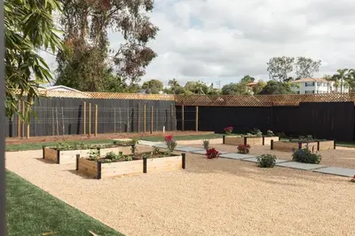 a garden with several plants in wooden boxes at Elegant 2BR with Outdoor Space in Carlsbad