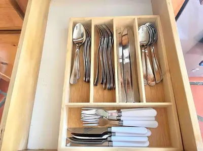 a drawer with utensils in a wooden box at Panorama Paradiso by CasadeLuz, 5Acre 360 Retreat close to Old Town Temecula Wine Country in Temecula