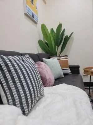 a living room with a couch with pillows and a plant at Exotic Gem Relaxing Farm Vibes Near Safari Zoo, Legoland & Wineries in Escondido