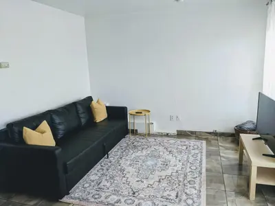 a black couch in a living room with a rug at Centrally Located 2 Master Bedrooms to Explore all San Diego has to Offer in San Diego