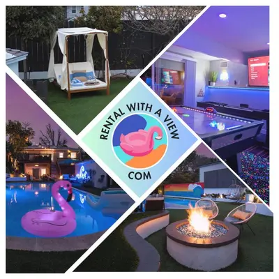 a collage of photos of a swimming pool with a villa at NEW! Pt Loma Paradise: Remodel - Pool – Game Room – WOW! in San Diego