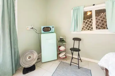 a room with a microwave on top of a refrigerator at Pool Room - Entire Guest Suite - Private Entrance in San Diego