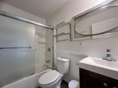 a bathroom with a shower and a toilet and a sink at Fabulous Guesthouse in Mount Helix La Mesa in Grossmont