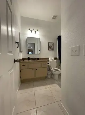 a bathroom with a toilet and a sink and a mirror at Cozy Pet-Friendly Residence in Menifee