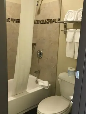 a bathroom with a shower with a toilet and a tub at Berkshire Motor Hotel in San Diego