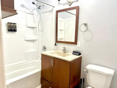 a bathroom with a sink and a toilet and a mirror at The Cozy Ranch Retreat in San Diego