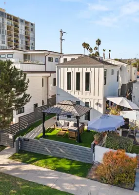 an aerial view of a house with a patio at Brand New Coastal Contemporary in Pacific Beach in San Diego