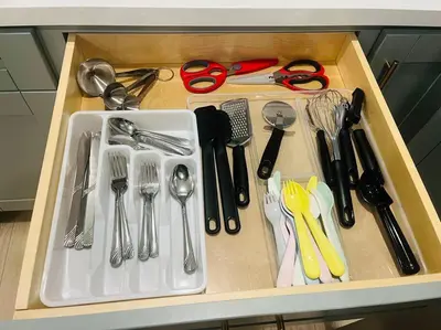 a wooden tray with utensils in a drawer at NEW CA Coastal Beauty 6 mins to Imperial Beach in San Diego