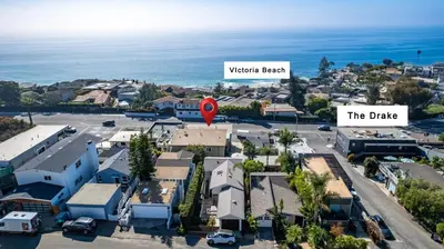 an aerial view of a town with the ocean at Ocean VIEWS! Steps from Victoria Beach, Lux Design in Laguna Beach