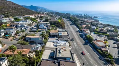 an aerial view of a town next to the ocean at Ocean Views! Detached Villa by Victoria Beach in Laguna Beach