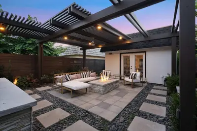 a patio with a pergola and a couch and chairs at Luxury La Jolla Home with Jacuzzi in San Diego