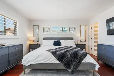 a bedroom with a bed and two dressers and a tv at Luxury La Jolla Home with Jacuzzi in San Diego