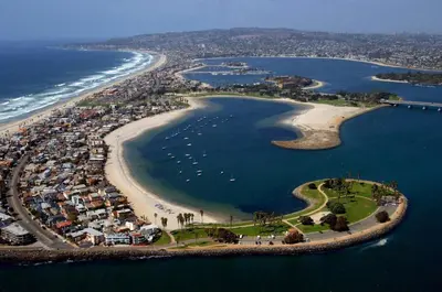 an aerial view of a beach and the ocean at Bayside Cove 8 in San Diego