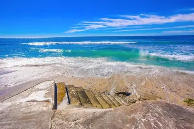 a set of steps leading to the ocean on a beach at Terramar Point in Carlsbad