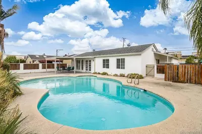 a swimming pool in front of a house at Heated pool, Sunny San Diego, Entire home, Free Parking, BBQ, Pets allowed, family neighborhood! in San Diego